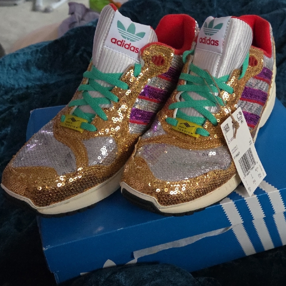 Brand New Women's Sequin Adidas Gold and Silver with Red and Purple Stripes